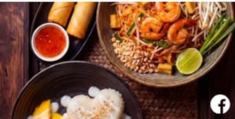 Photograph used in the ad: pad thai, spring rolls and mango sticky rice