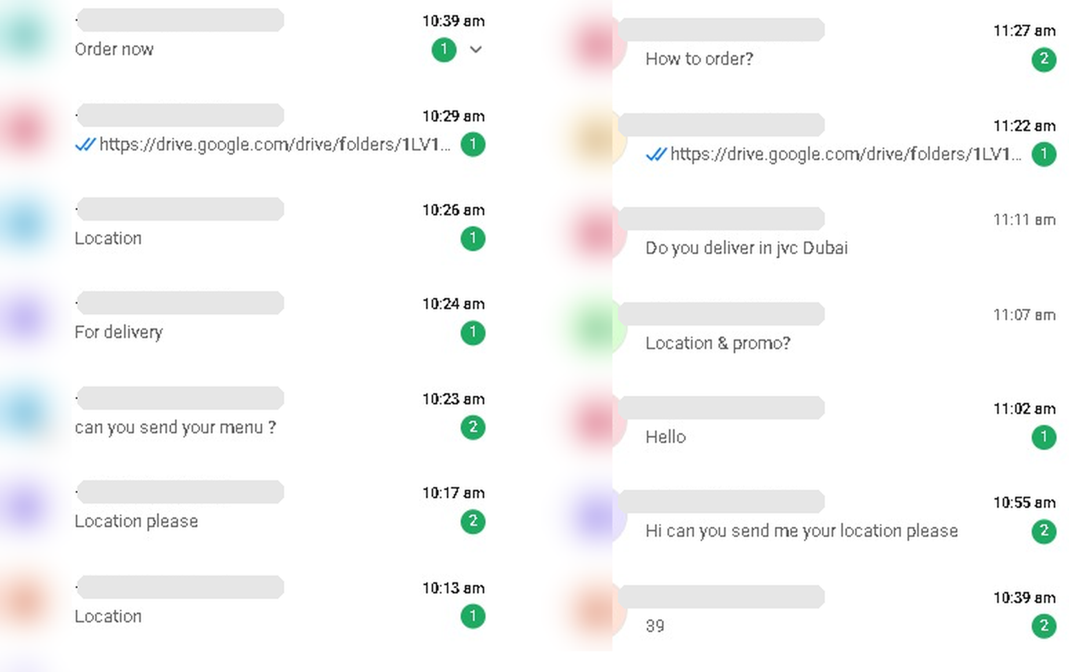 Anonymised WhatsApp inbox showing customer enquiries about delivery, menu and location within a single morning, several unanswered